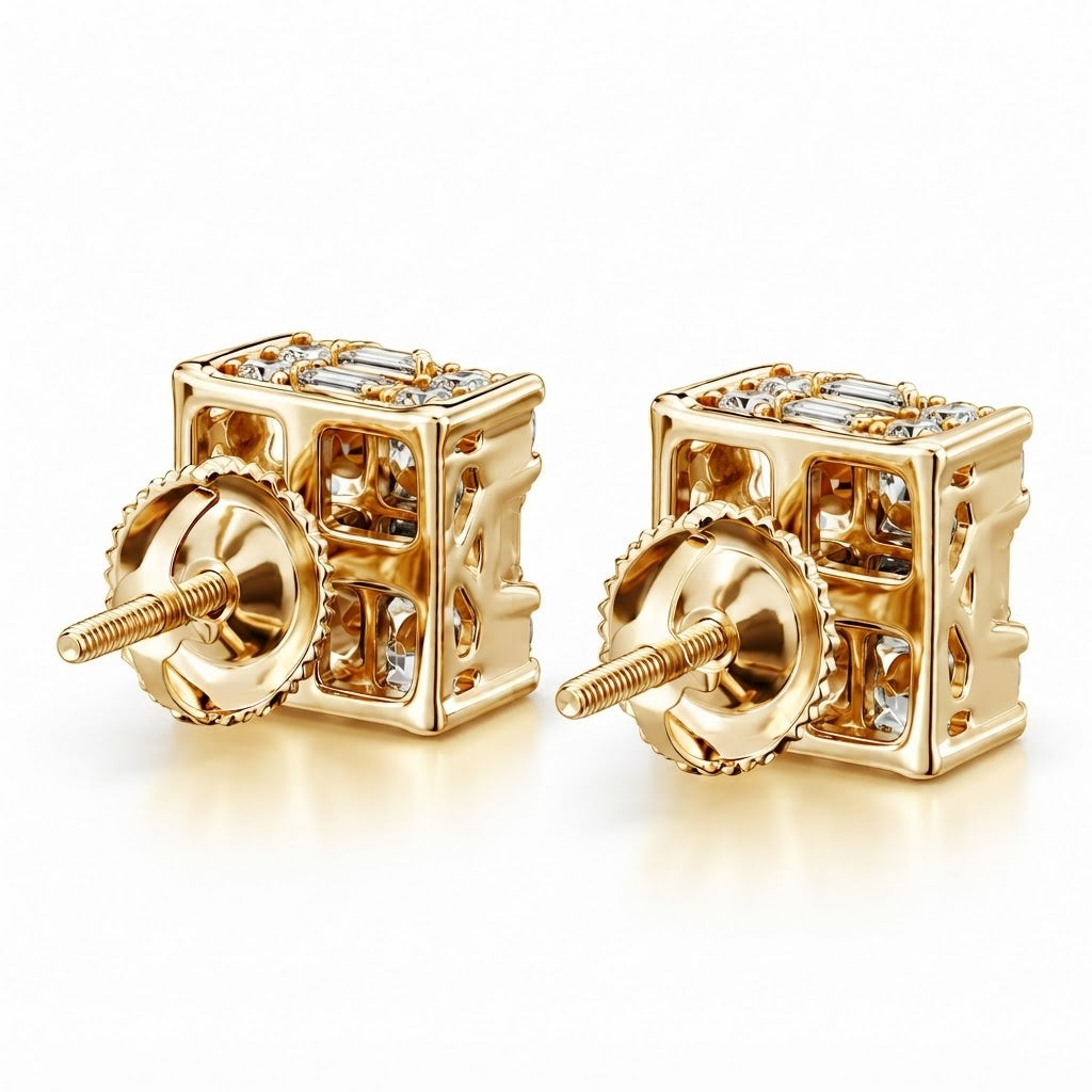 Square Shape Round Baguette Diamond Hip Hop Style Men's Stud Earrings