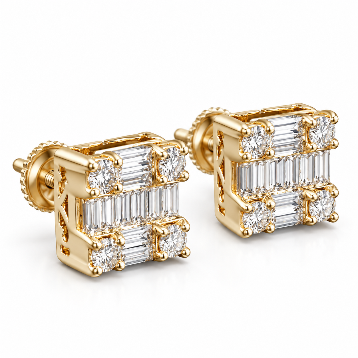 Square Shape Round Baguette Diamond Hip Hop Style Men's Stud Earrings