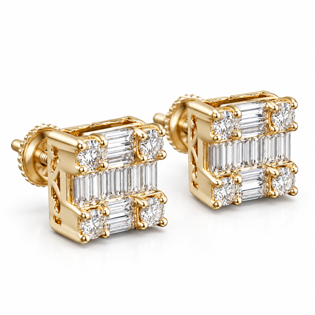 Square Shape Round Baguette Diamond Hip Hop Style Men's Stud Earrings