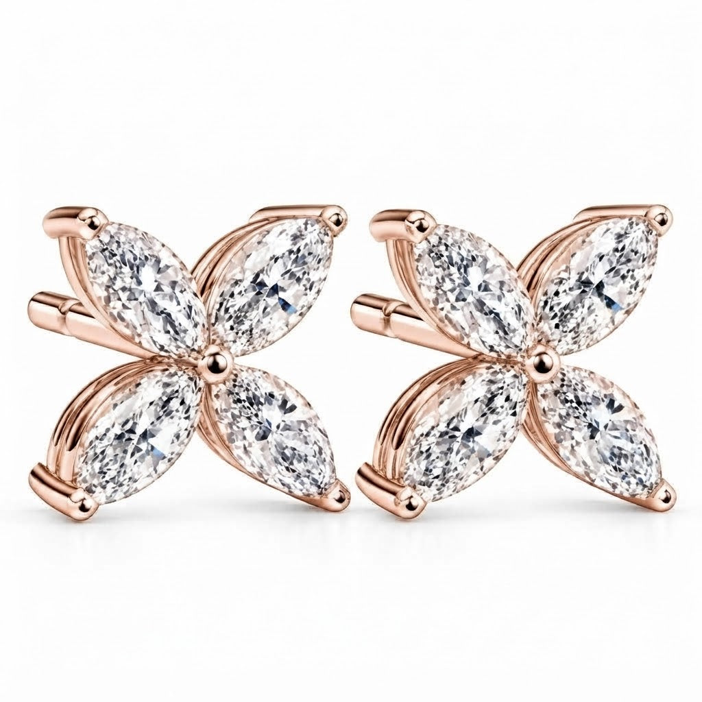 Dainty Flower Marquise Cut Moissanite Stud Earrings
