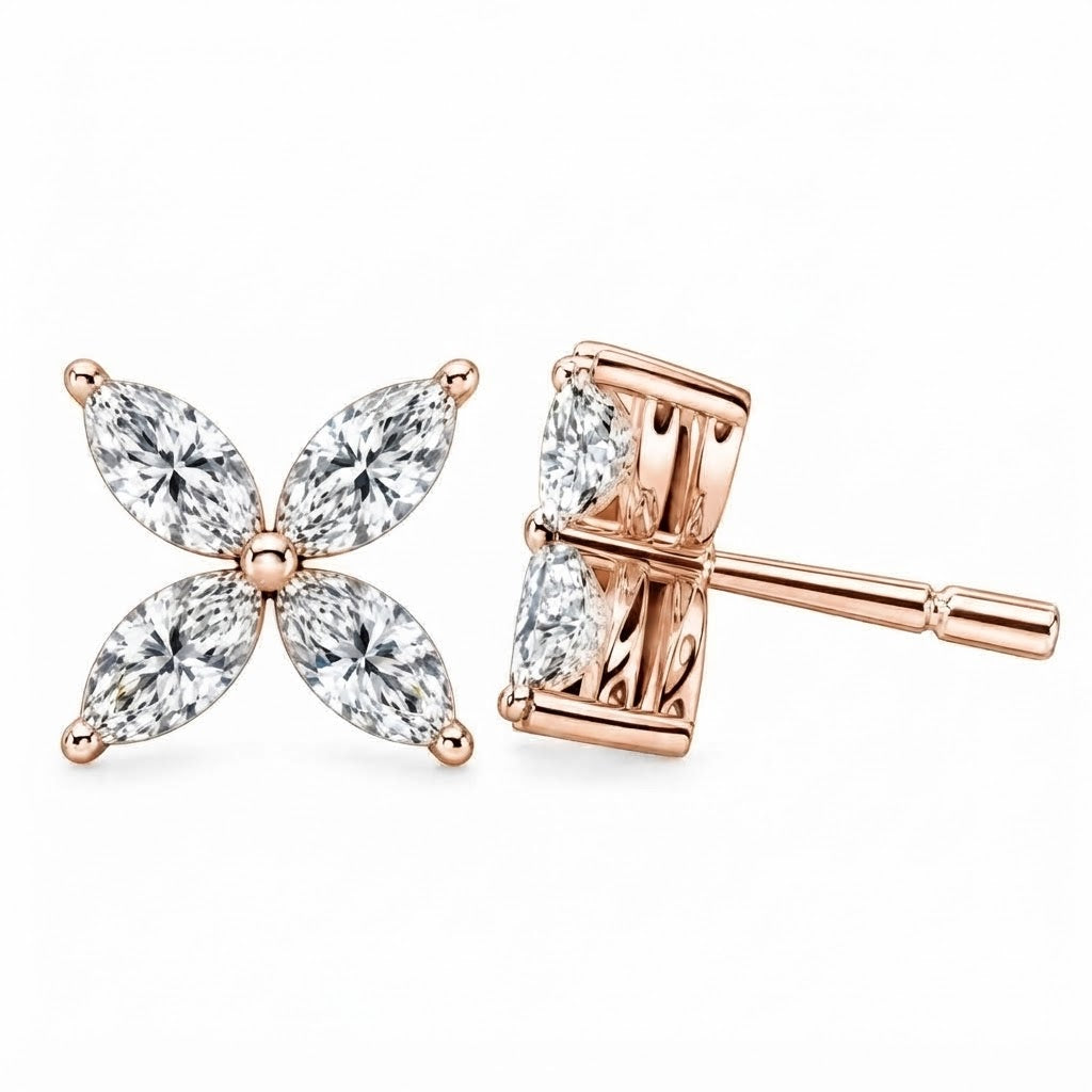 Dainty Flower Marquise Cut Moissanite Stud Earrings