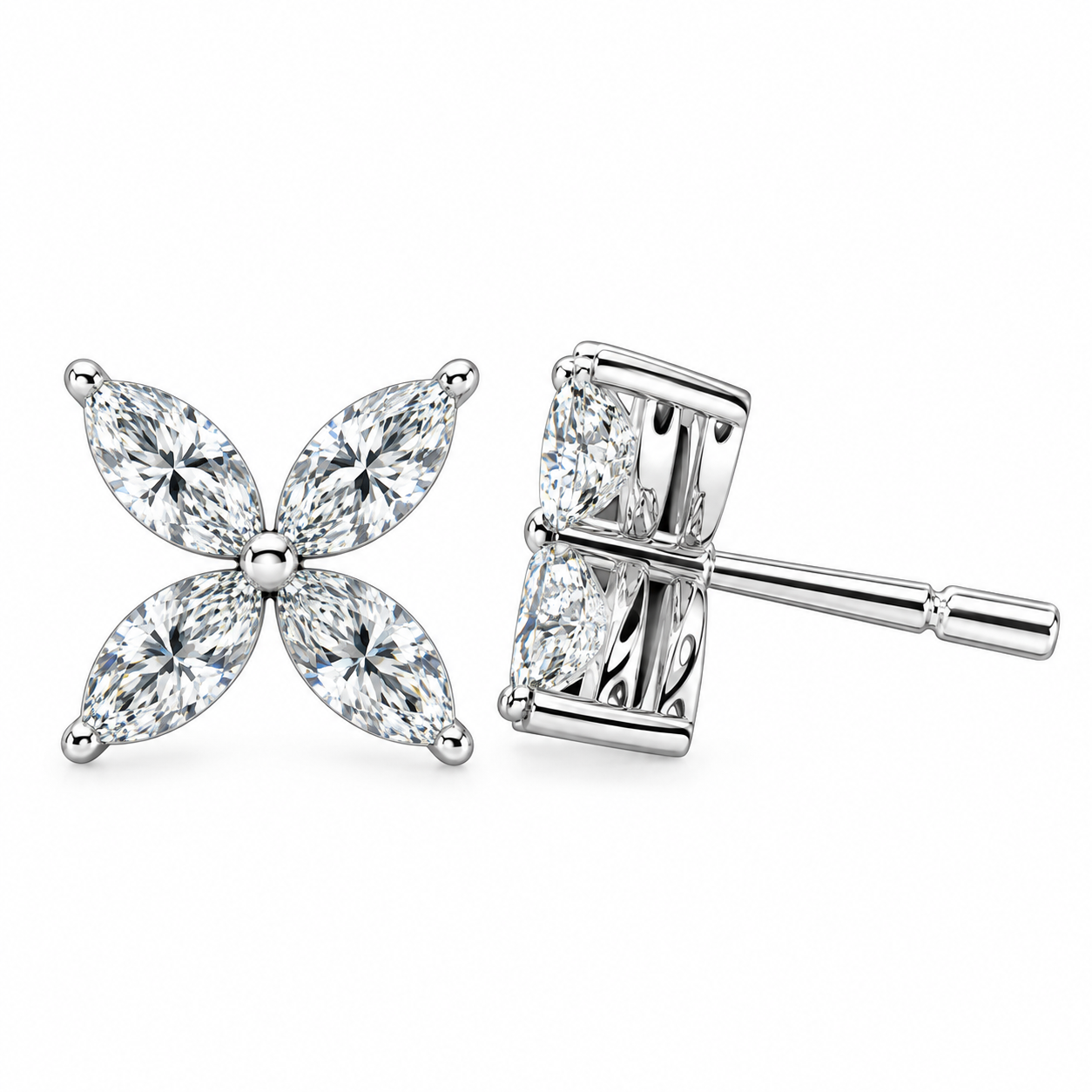 Dainty Flower Marquise Cut Moissanite Stud Earrings