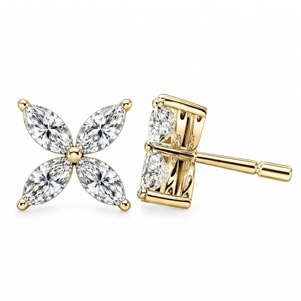 Dainty Flower Marquise Cut Moissanite Stud Earrings
