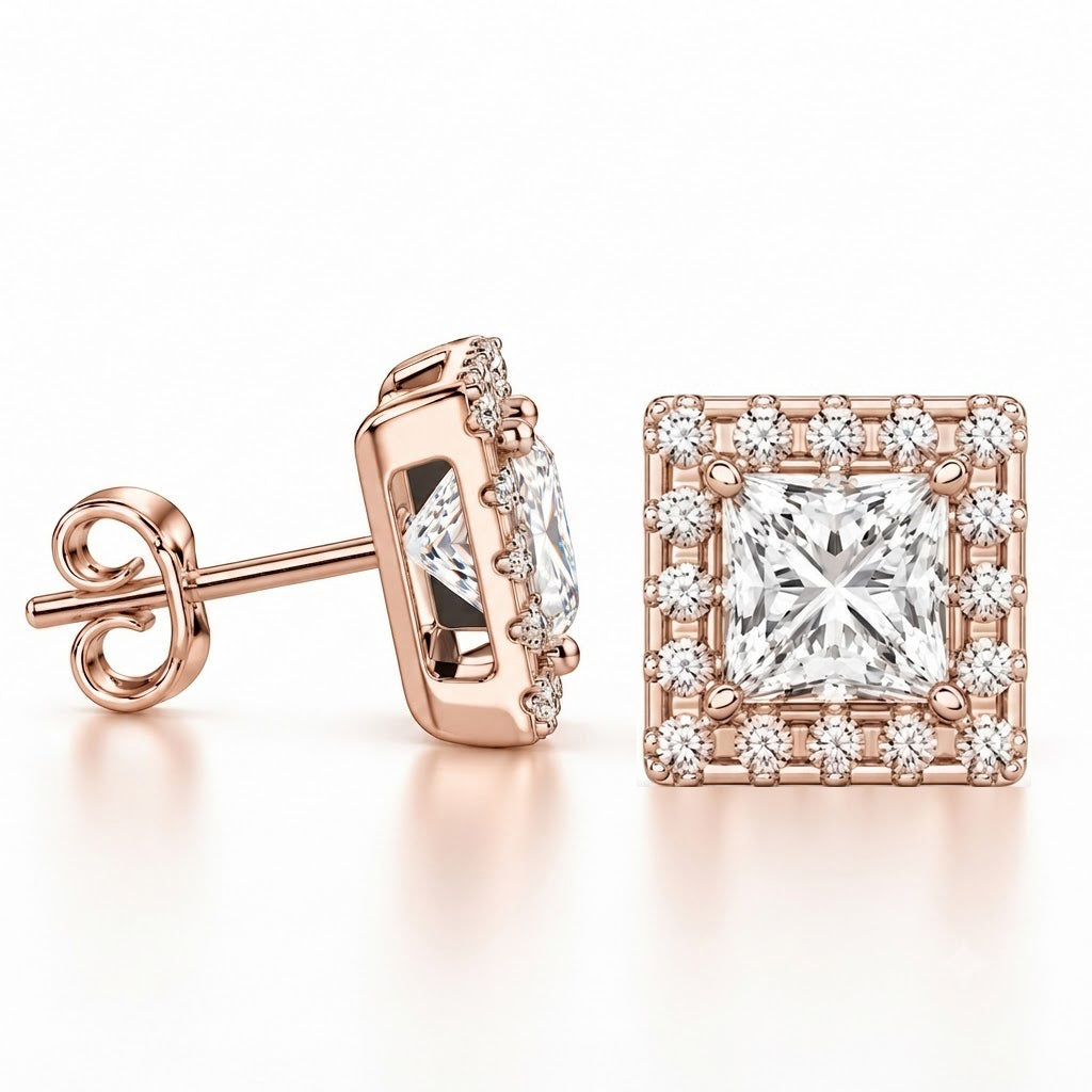Halo Princess Round Cut Moissanite Diamond Stud Earrings