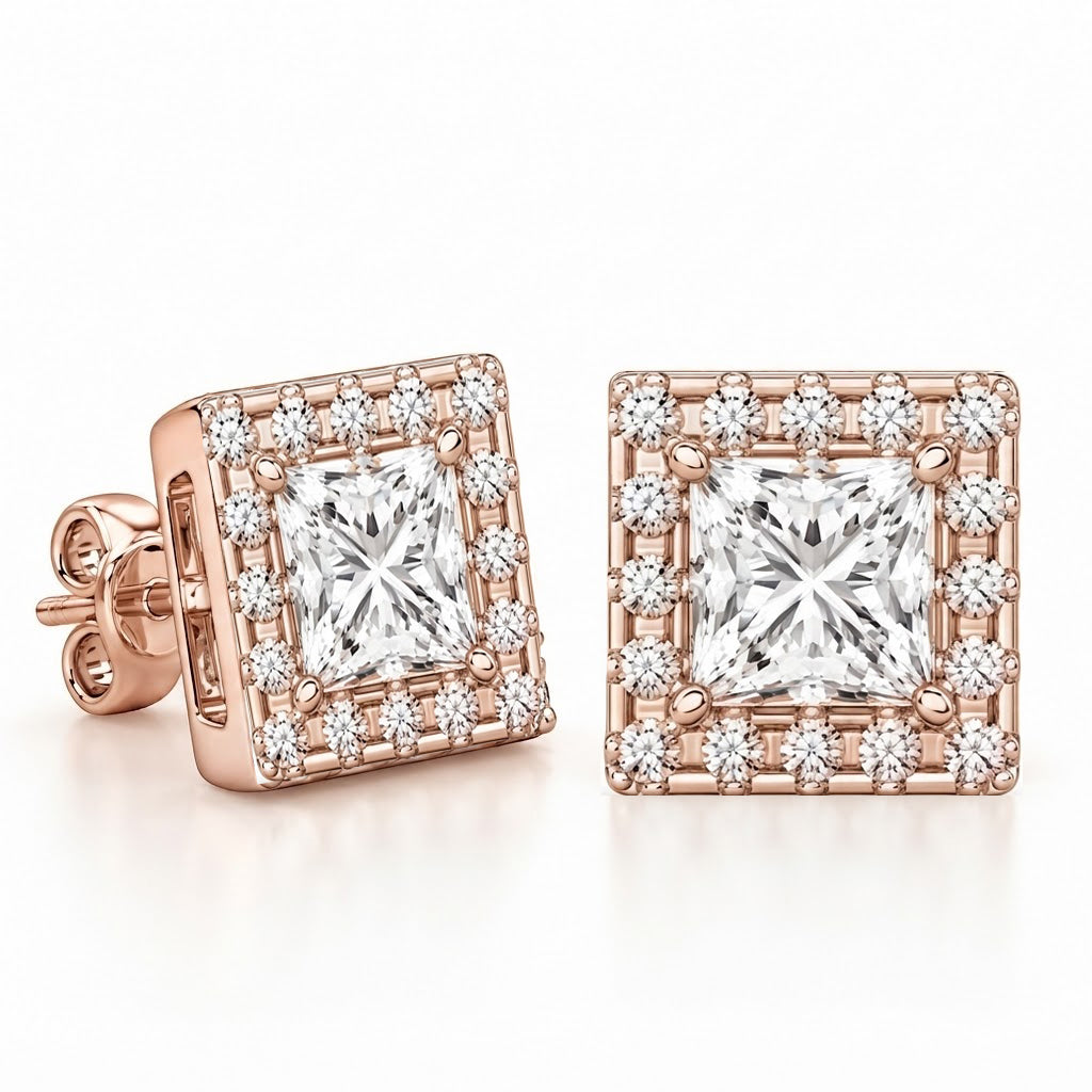 Halo Princess Round Cut Moissanite Diamond Stud Earrings