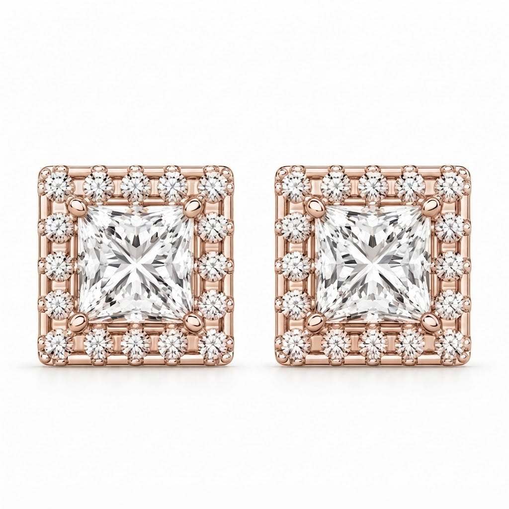 Halo Princess Round Cut Moissanite Diamond Stud Earrings