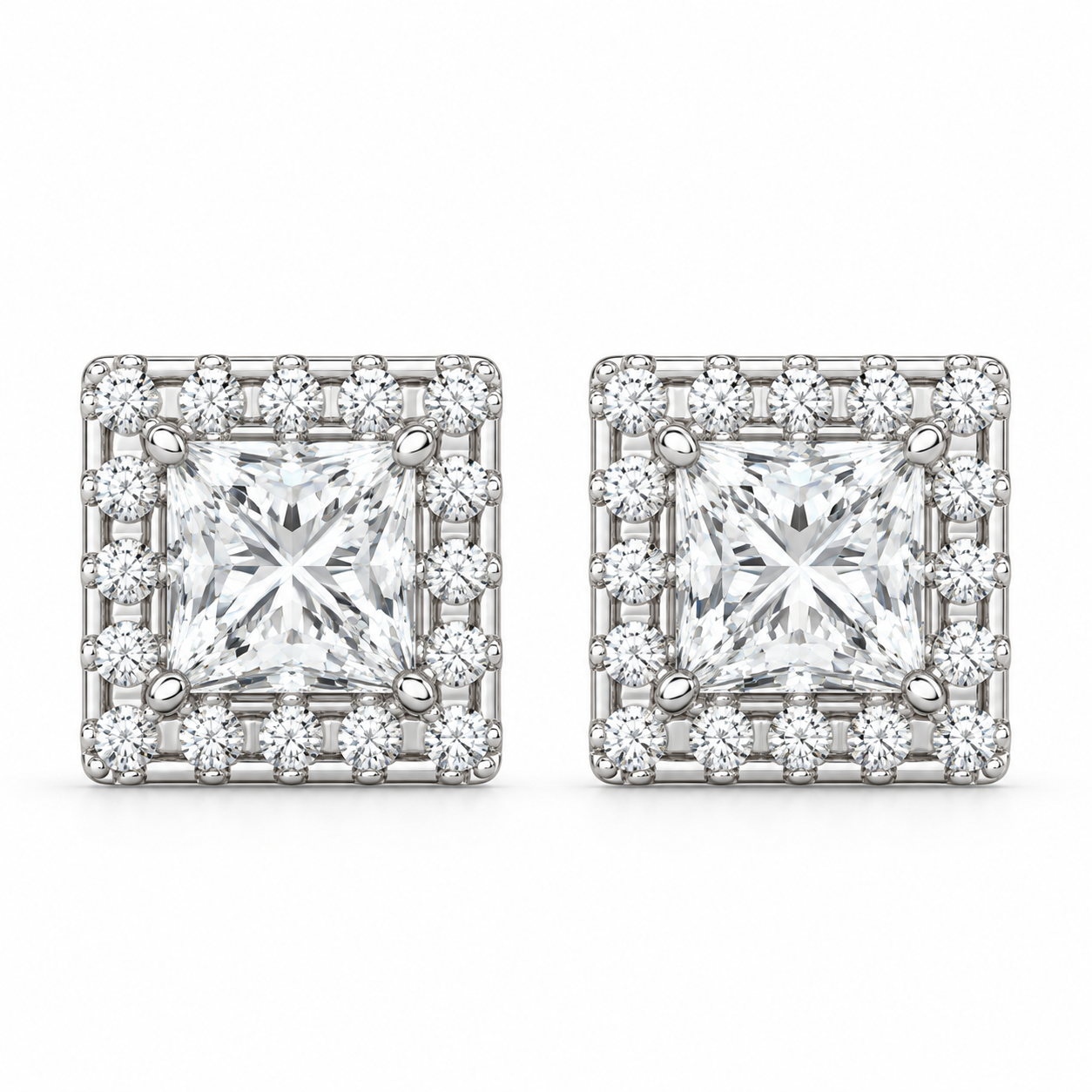 Halo Princess Round Cut Moissanite Diamond Stud Earrings