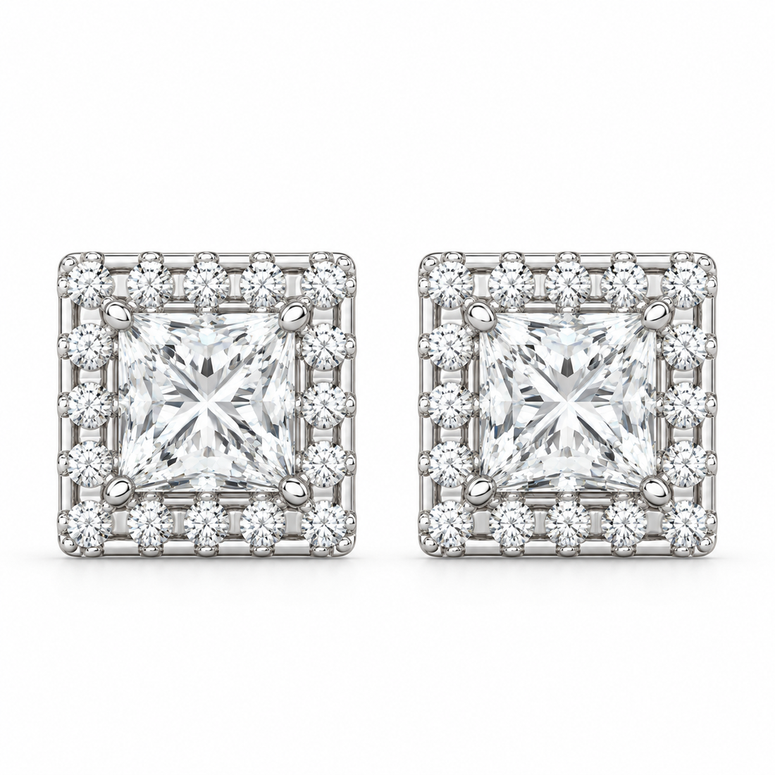 Halo Princess Round Cut Moissanite Diamond Stud Earrings