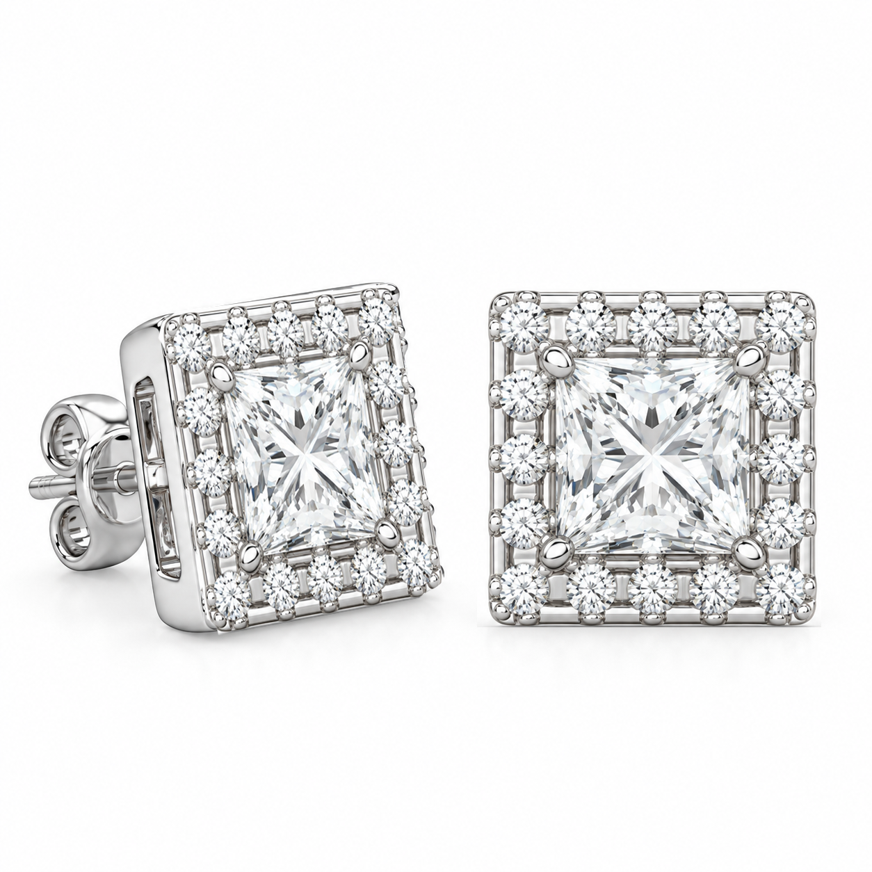 Halo Princess Round Cut Moissanite Diamond Stud Earrings
