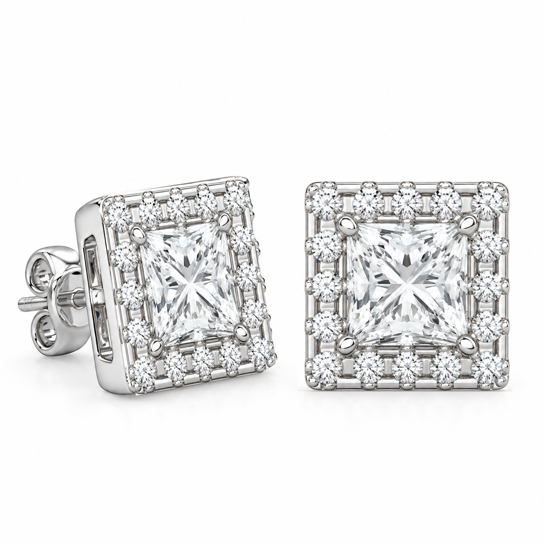 Halo Princess Round Cut Moissanite Diamond Stud Earrings