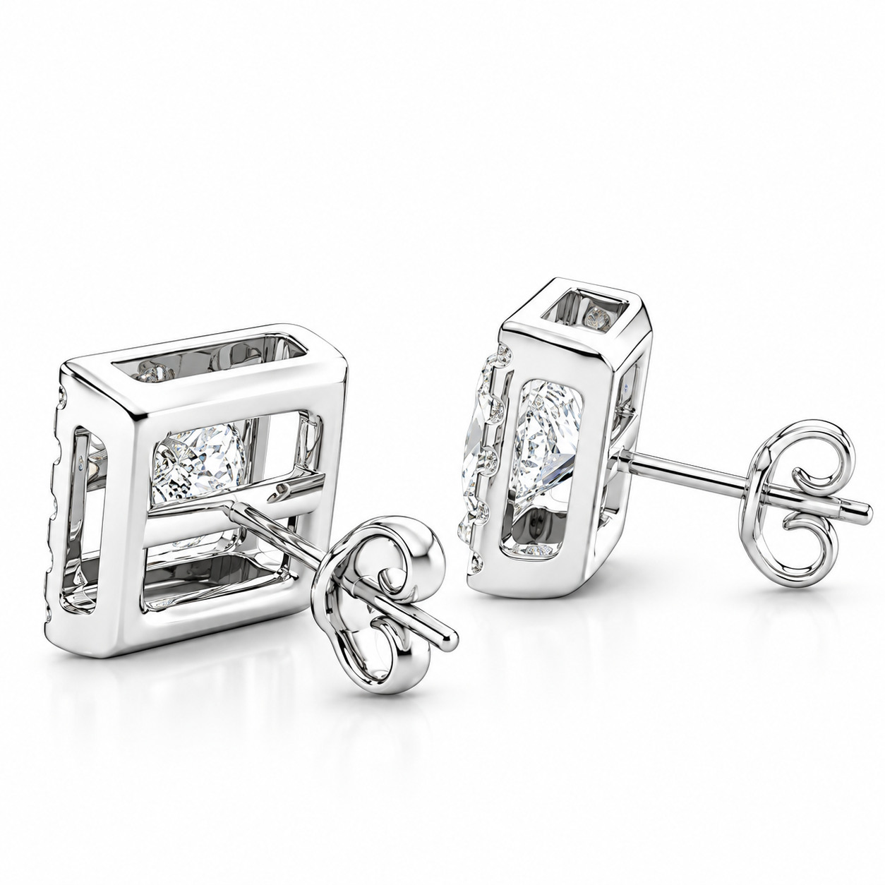Halo Princess Round Cut Moissanite Diamond Stud Earrings
