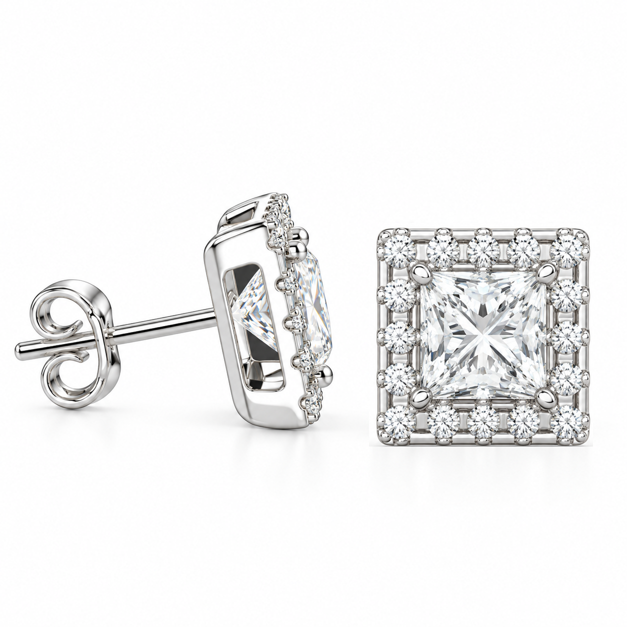 Halo Princess Round Cut Moissanite Diamond Stud Earrings