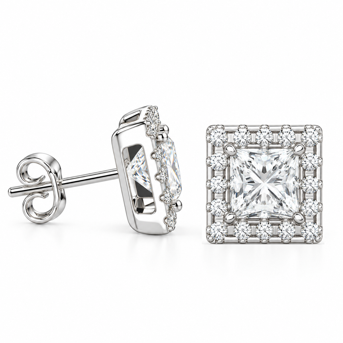 Halo Princess Round Cut Moissanite Diamond Stud Earrings
