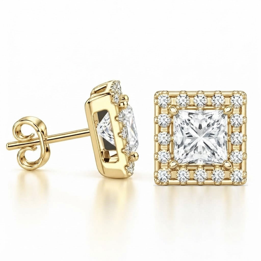 Halo Princess Round Cut Moissanite Diamond Stud Earrings