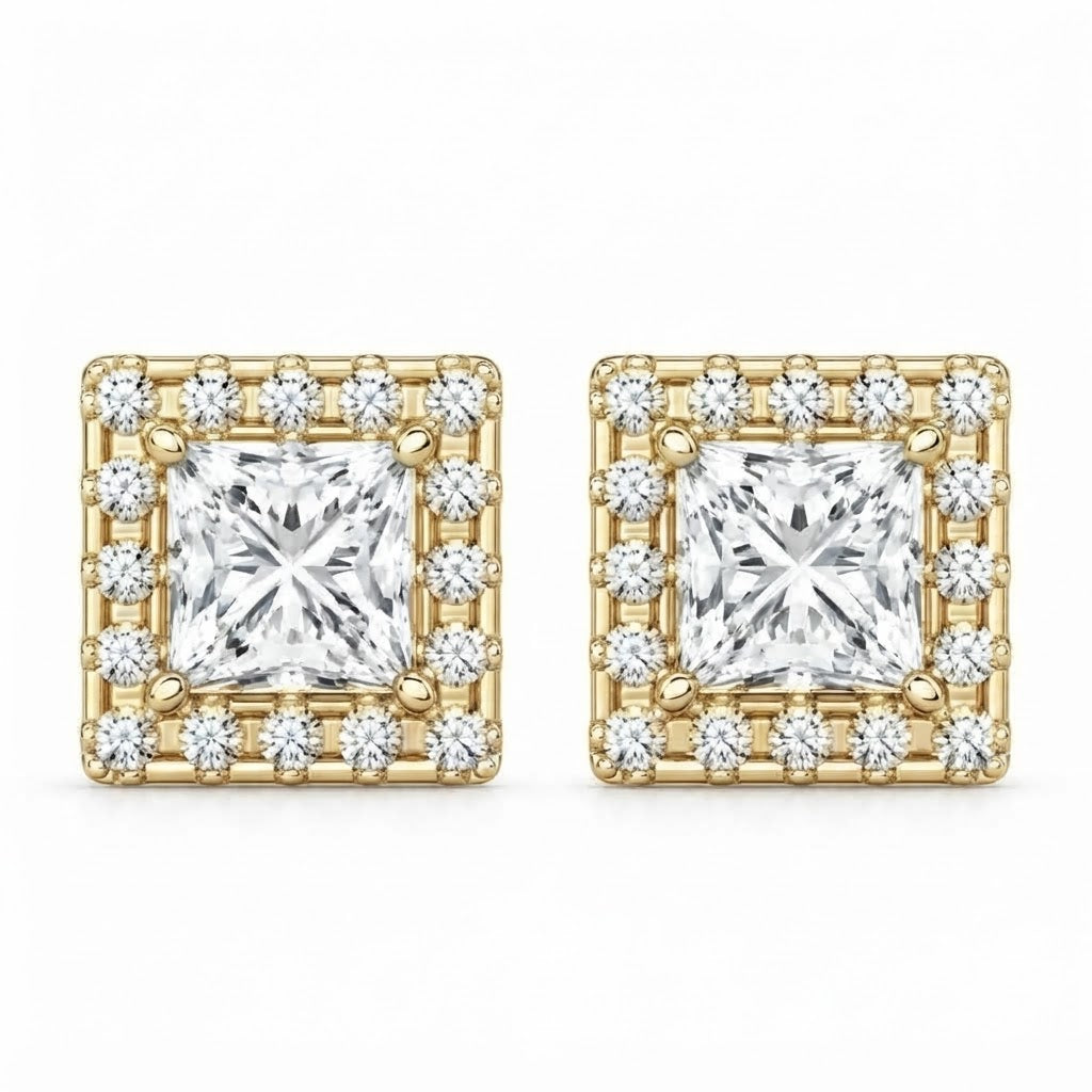 Halo Princess Round Cut Moissanite Diamond Stud Earrings