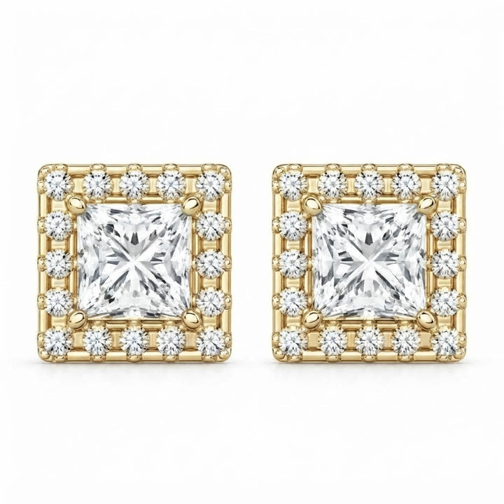 Halo Princess Round Cut Moissanite Diamond Stud Earrings