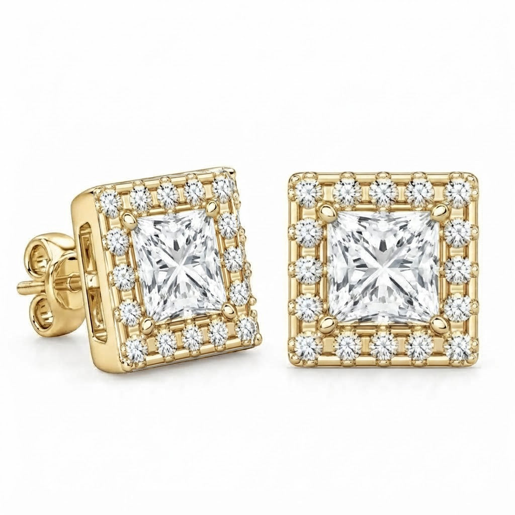 Halo Princess Round Cut Moissanite Diamond Stud Earrings