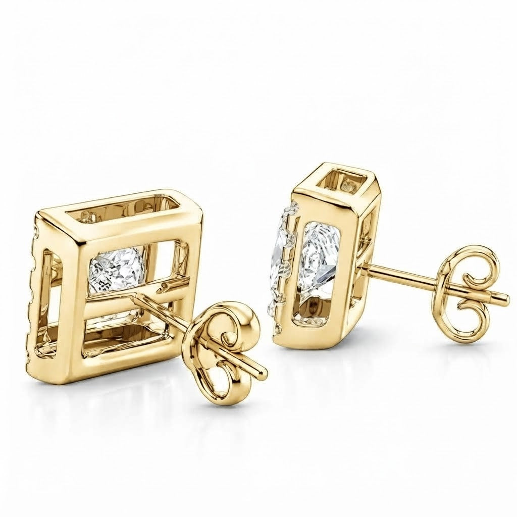Halo Princess Round Cut Moissanite Diamond Stud Earrings