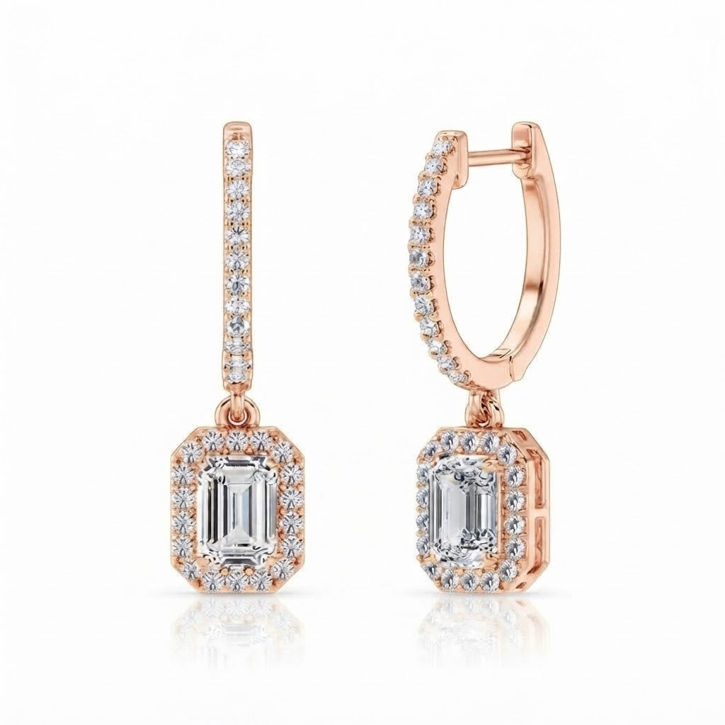 Emerald Cut Moissanite Halo Drop Dangle Earrings