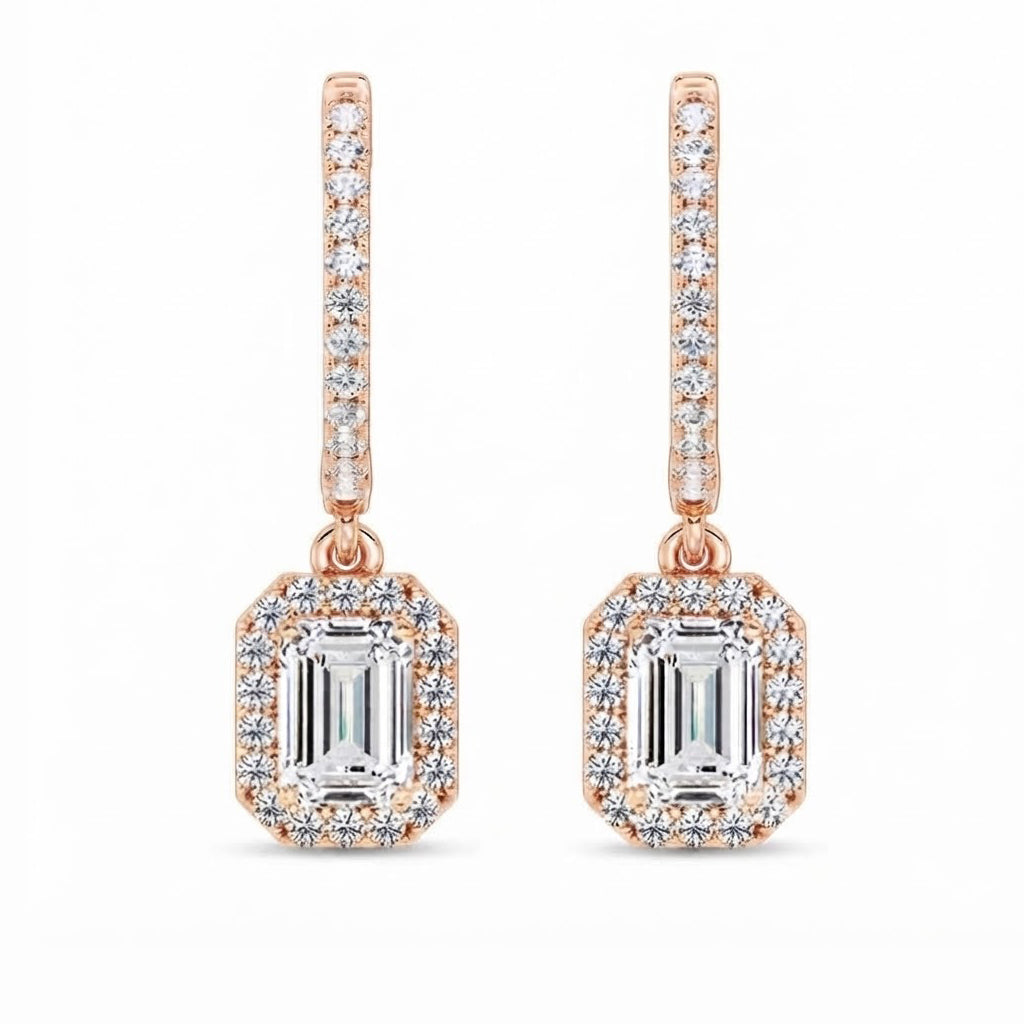 Emerald Cut Moissanite Halo Drop Dangle Earrings