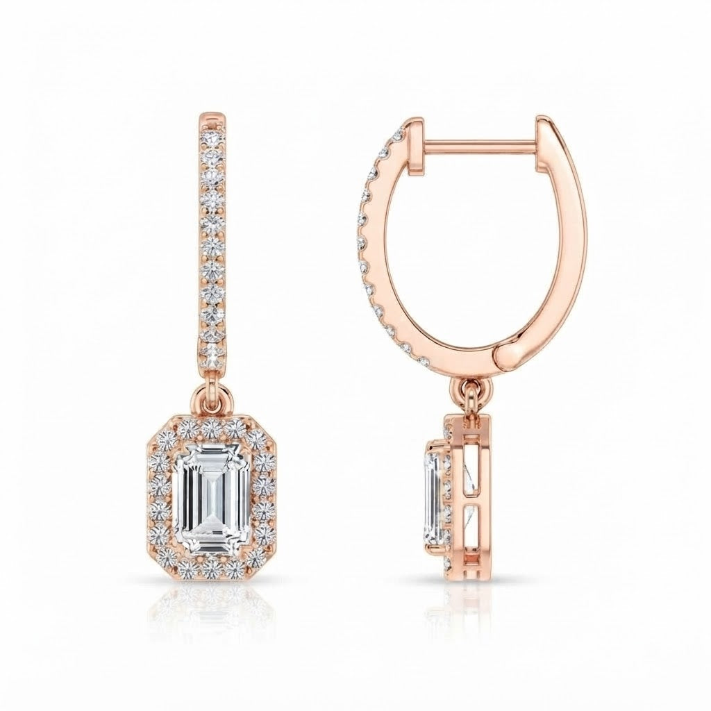 Emerald Cut Moissanite Halo Drop Dangle Earrings