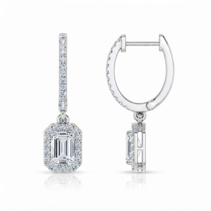 Emerald Cut Moissanite Halo Drop Dangle Earrings