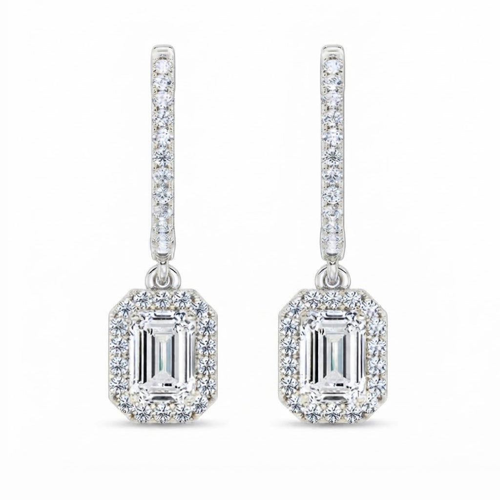 Emerald Cut Moissanite Halo Drop Dangle Earrings