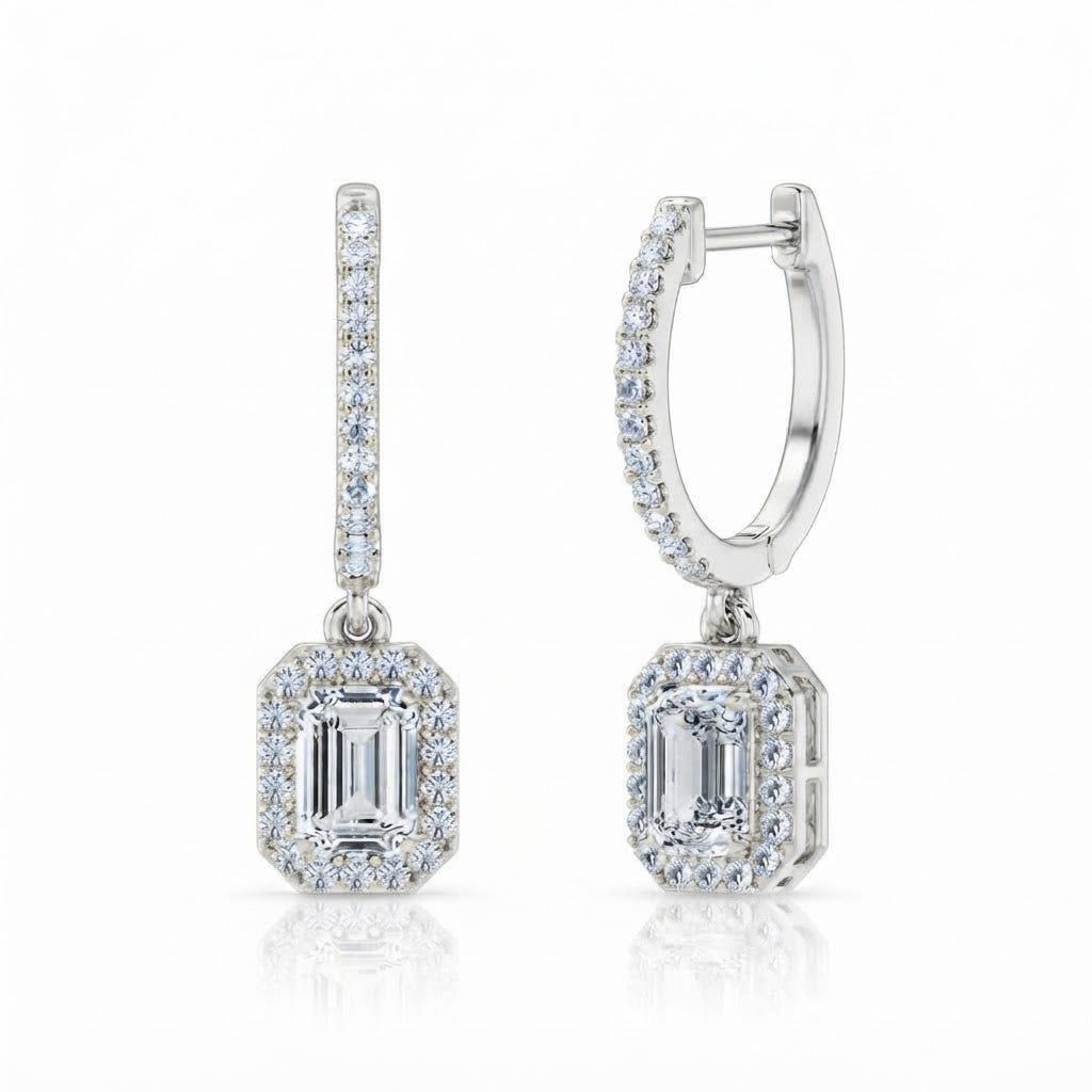 Emerald Cut Moissanite Halo Drop Dangle Earrings