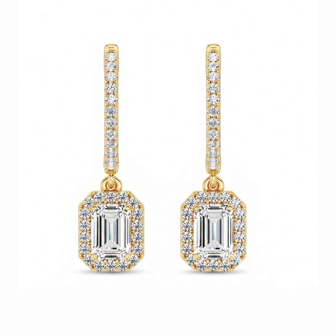 Emerald Cut Moissanite Halo Drop Dangle Earrings