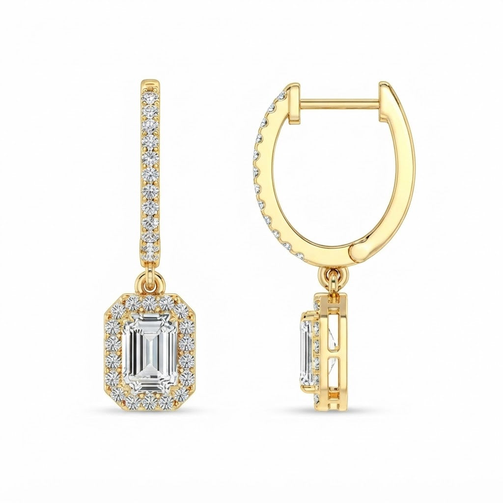 Emerald Cut Moissanite Halo Drop Dangle Earrings