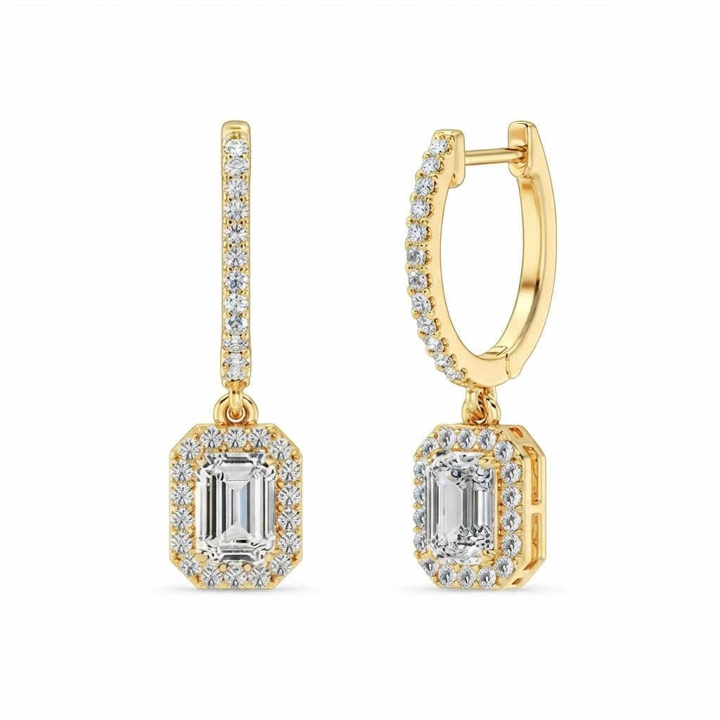 Emerald Cut Moissanite Halo Drop Dangle Earrings