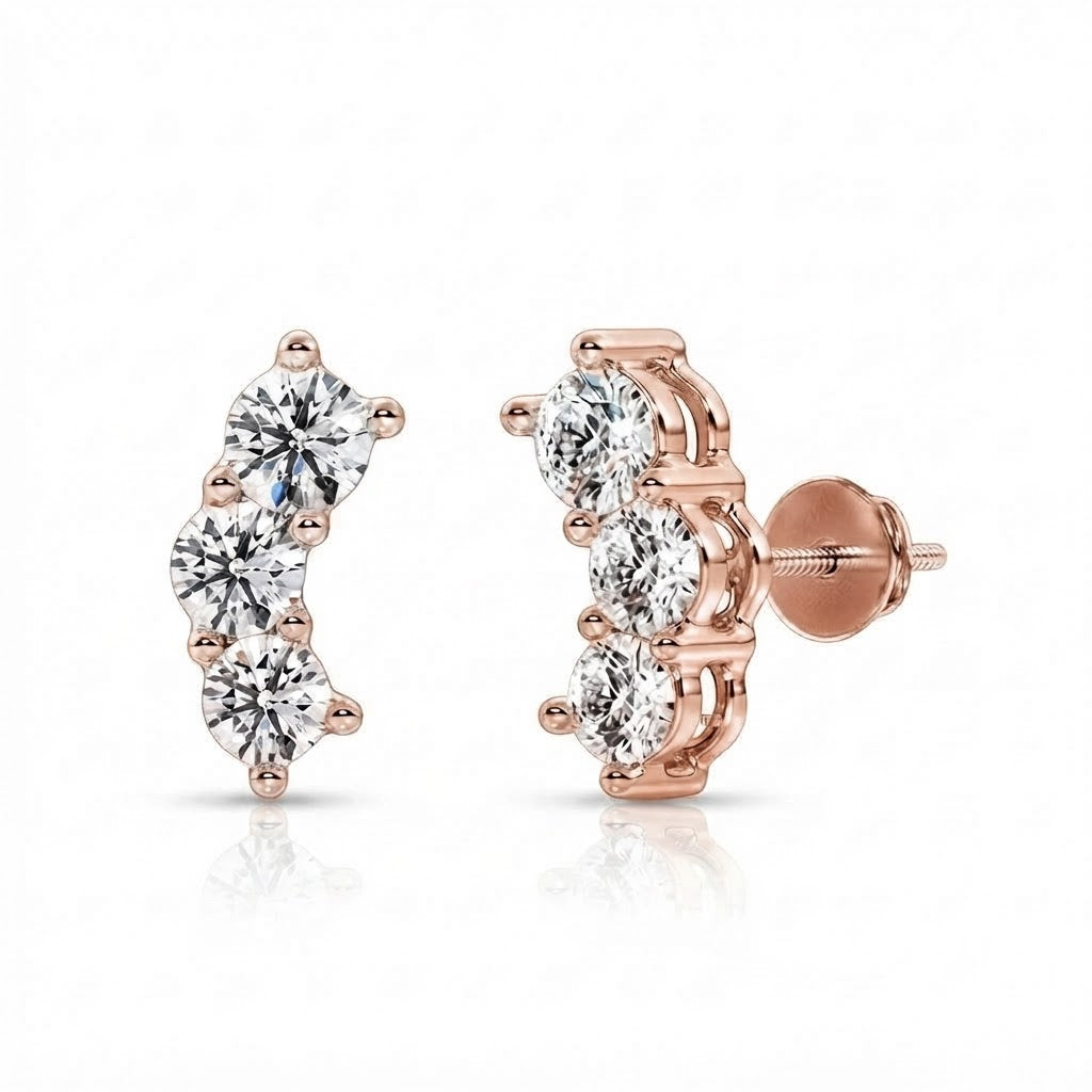 Three Stone Moissanite Diamond Stud Earrings for Unisex
