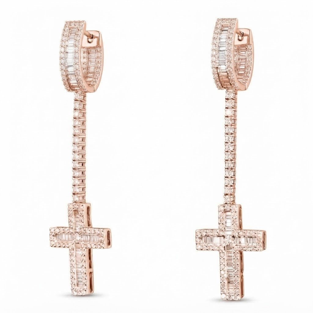 Cross Moissanite Diamond Dangle Drop Long Earrings