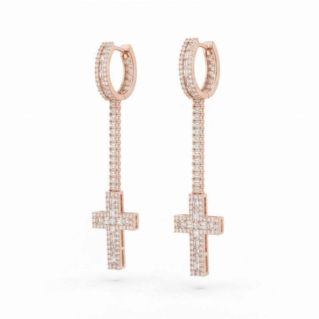 Cross Moissanite Diamond Dangle Drop Long Earrings