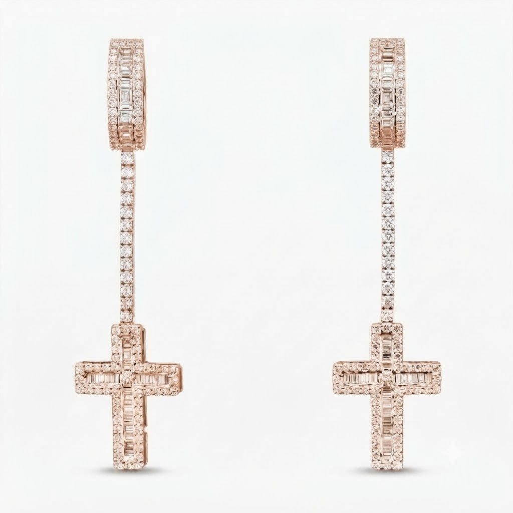 Cross Moissanite Diamond Dangle Drop Long Earrings