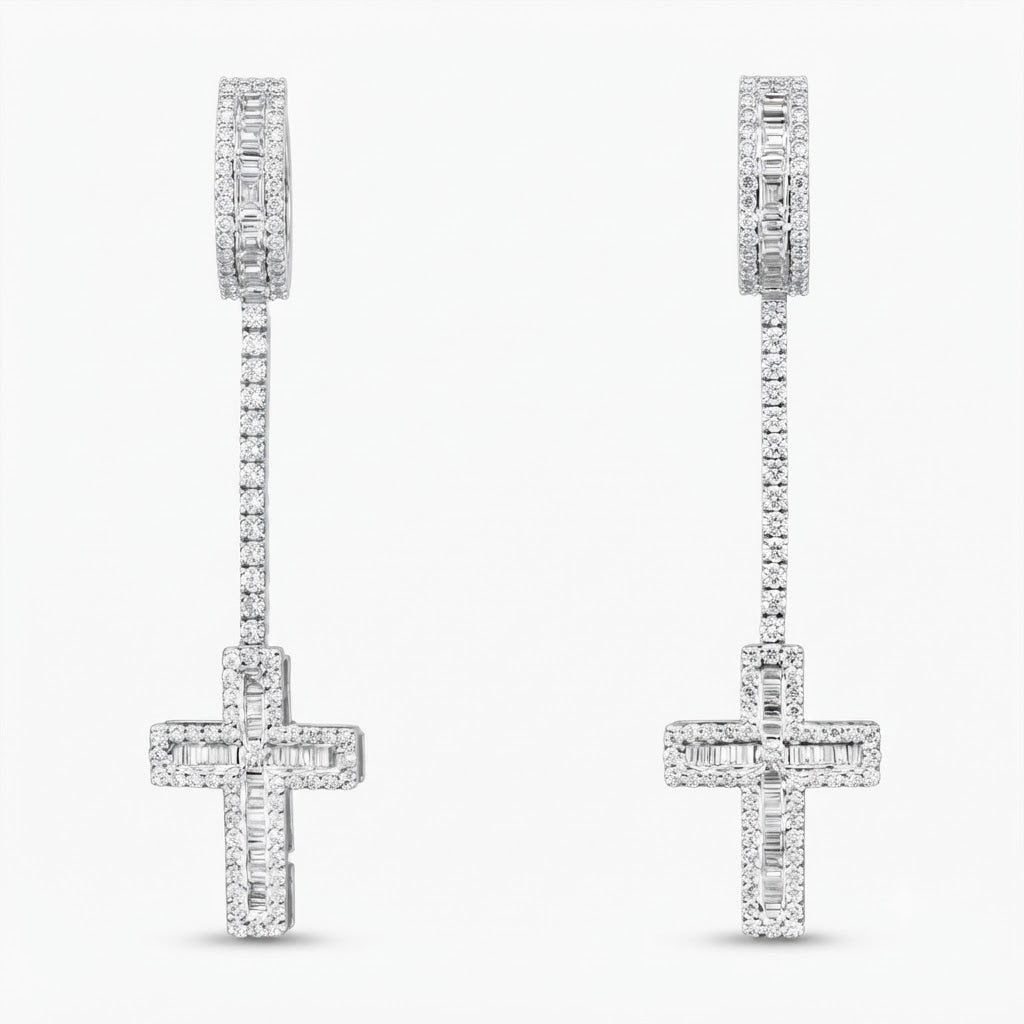 Cross Moissanite Diamond Dangle Drop Long Earrings