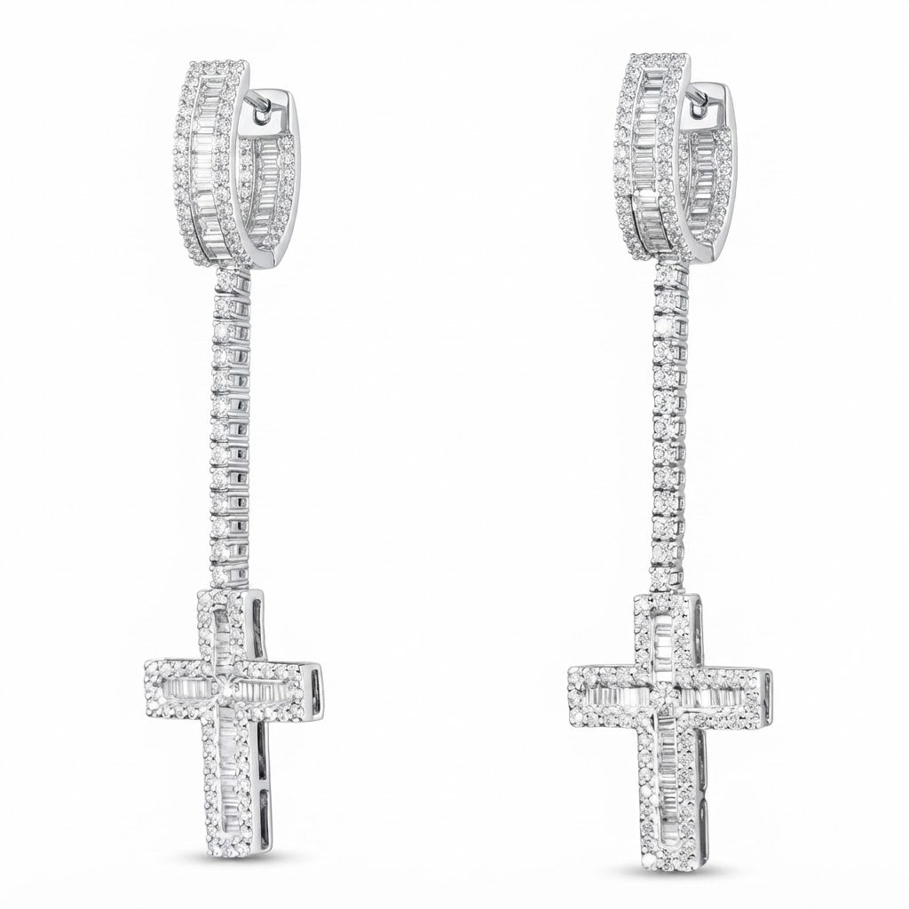 Cross Moissanite Diamond Dangle Drop Long Earrings