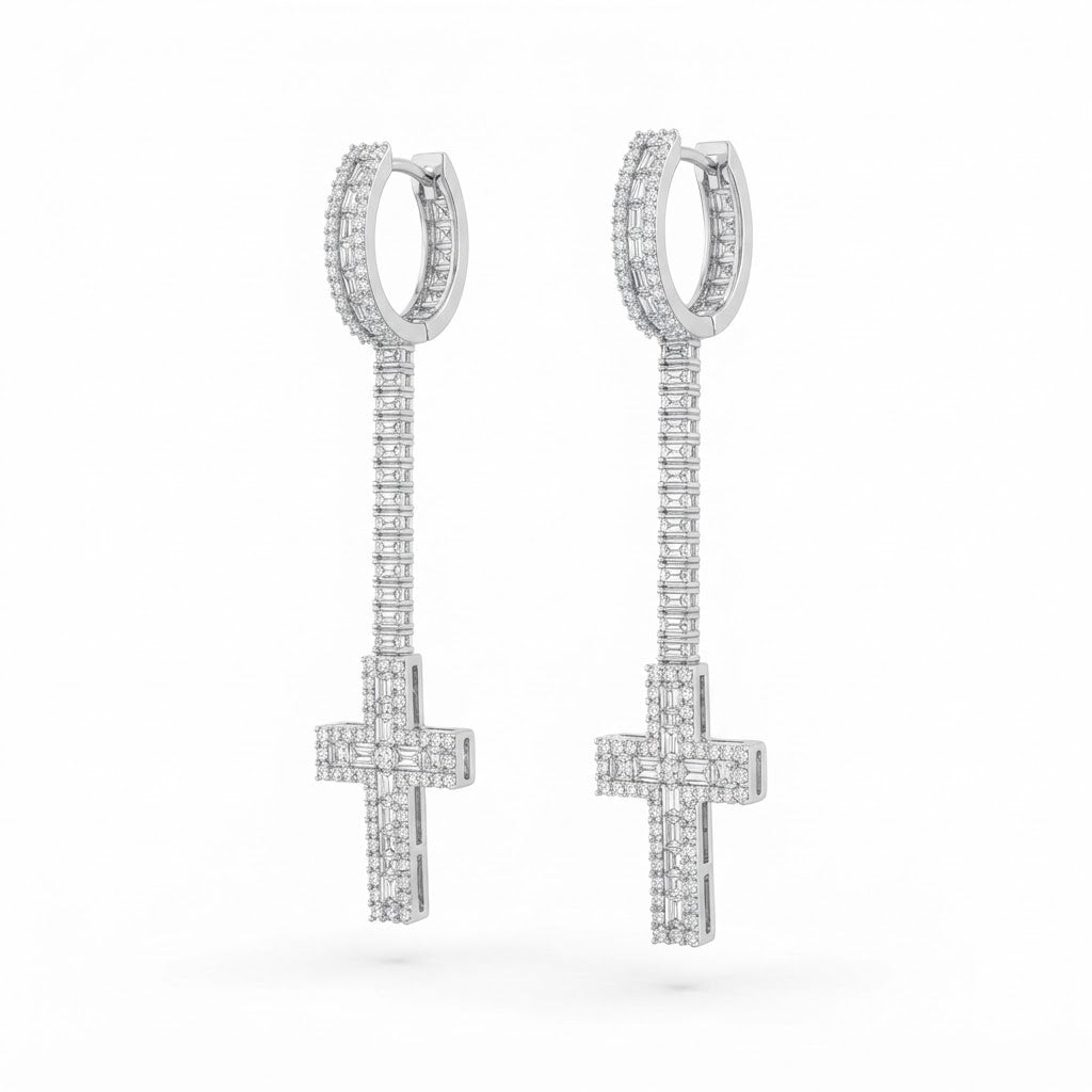 Cross Moissanite Diamond Dangle Drop Long Earrings