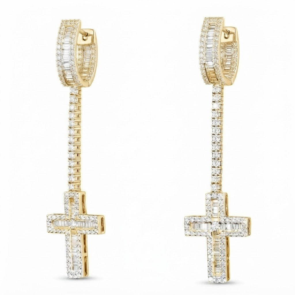 Cross Moissanite Diamond Dangle Drop Long Earrings