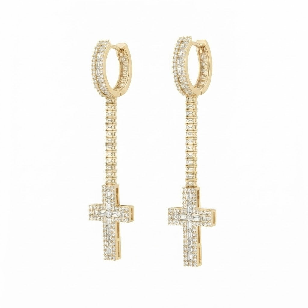 Cross Moissanite Diamond Dangle Drop Long Earrings