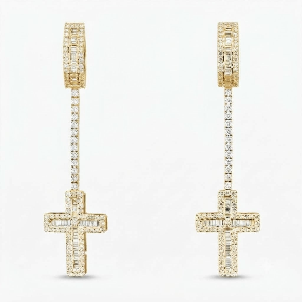 Cross Moissanite Diamond Dangle Drop Long Earrings