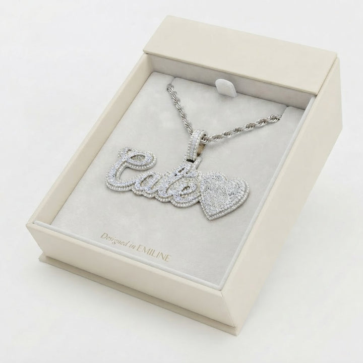 Moissanite Diamond "Cate" Name Pendant with Heart