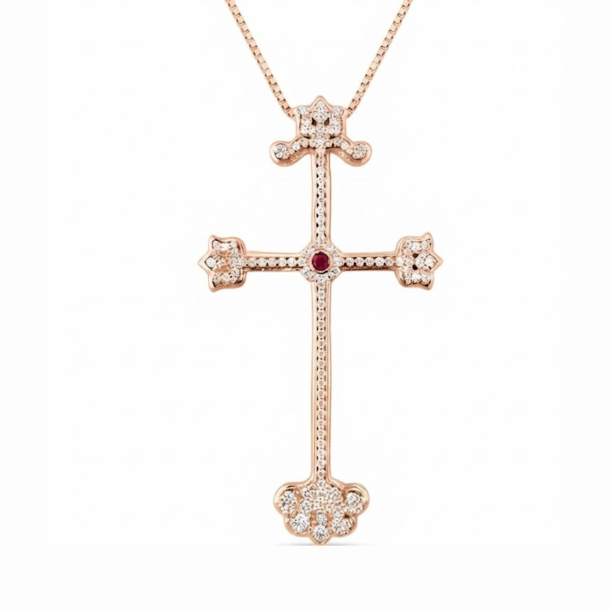 Ornate Cross Pendant with Pink Center Stone
