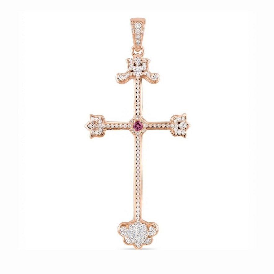 Ornate Cross Pendant with Pink Center Stone