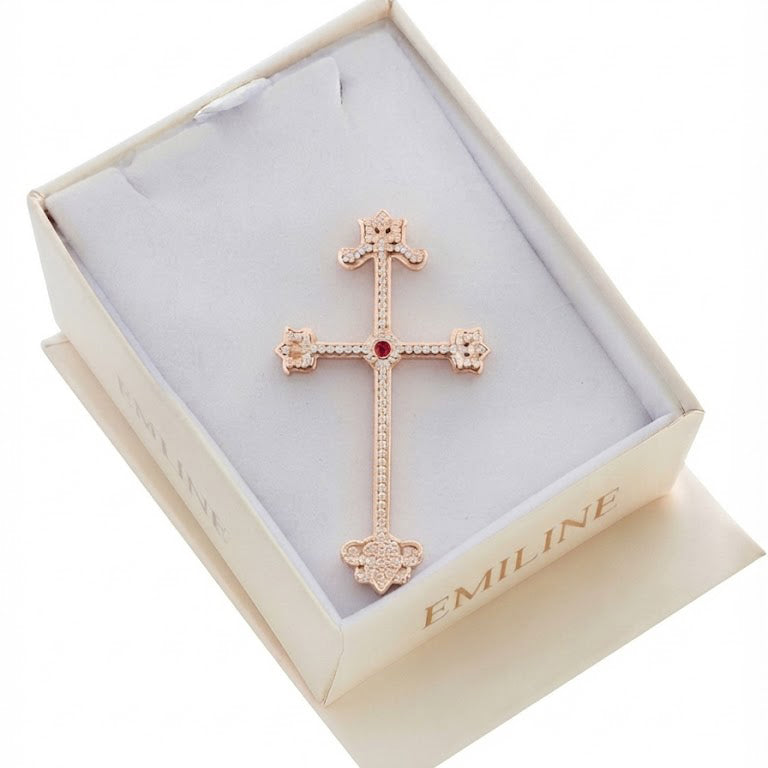 Ornate Cross Pendant with Pink Center Stone