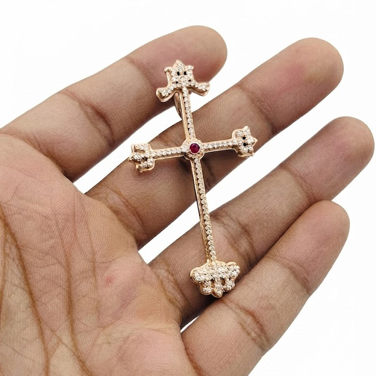 Ornate Cross Pendant with Pink Center Stone