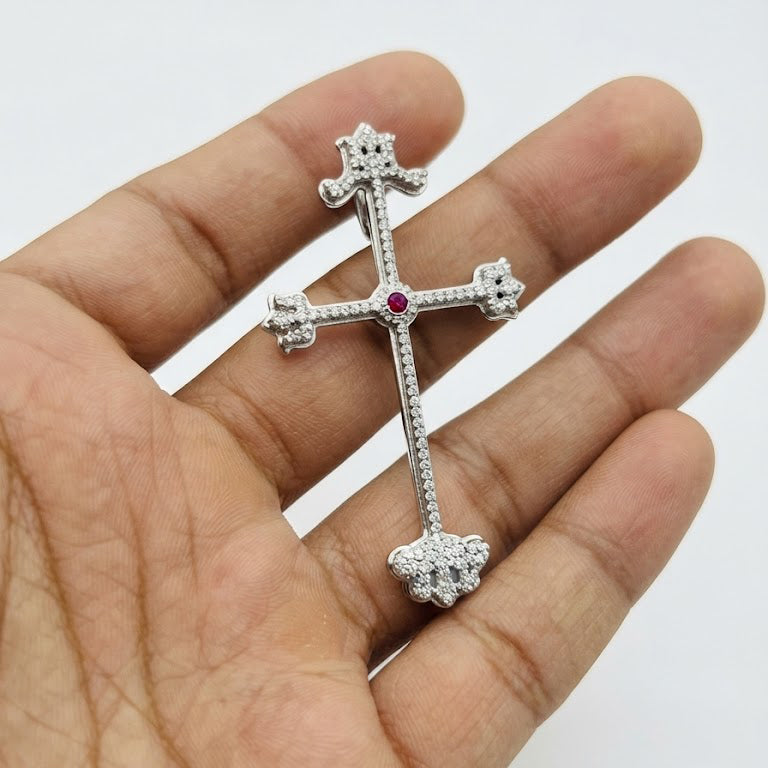 Ornate Cross Pendant with Pink Center Stone