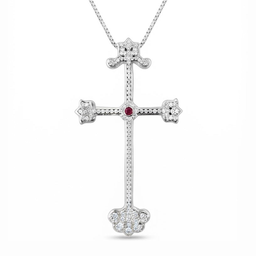 Ornate Cross Pendant with Pink Center Stone