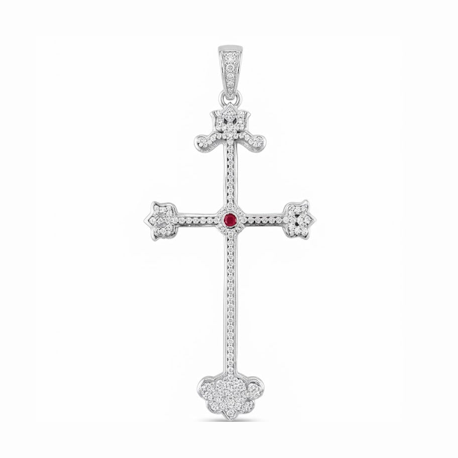 Ornate Cross Pendant with Pink Center Stone