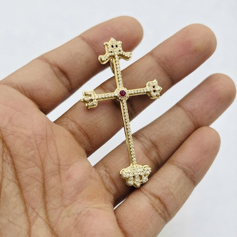 Ornate Cross Pendant with Pink Center Stone